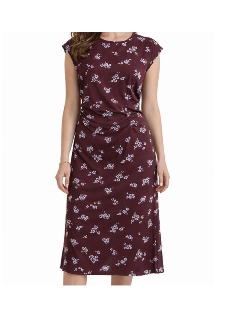 WOW Floral  Cap-Sleeve Midi Dress in Plum